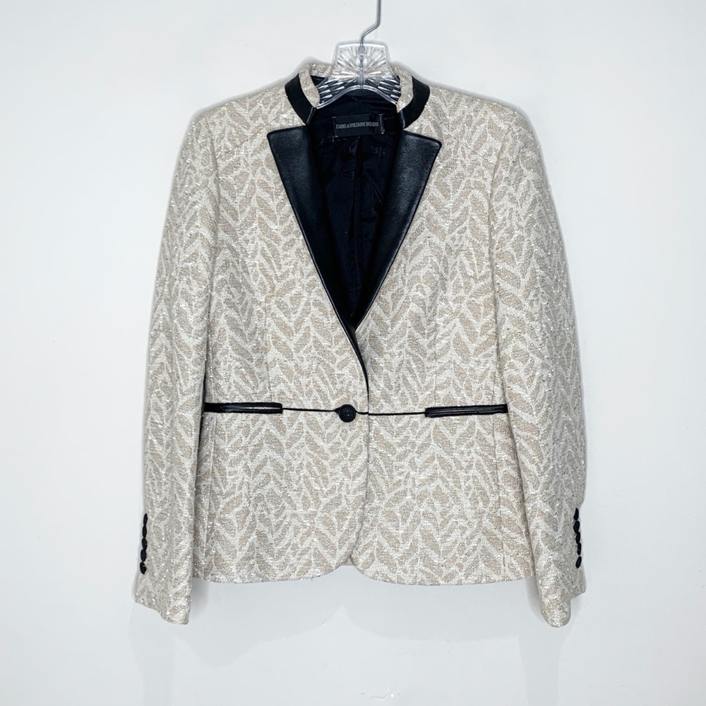 Zadig & Voltaire Victana Deluxe Blazer (Sz FR 36) Leather Trim Metallic Jacquard - Picture 3 of 16